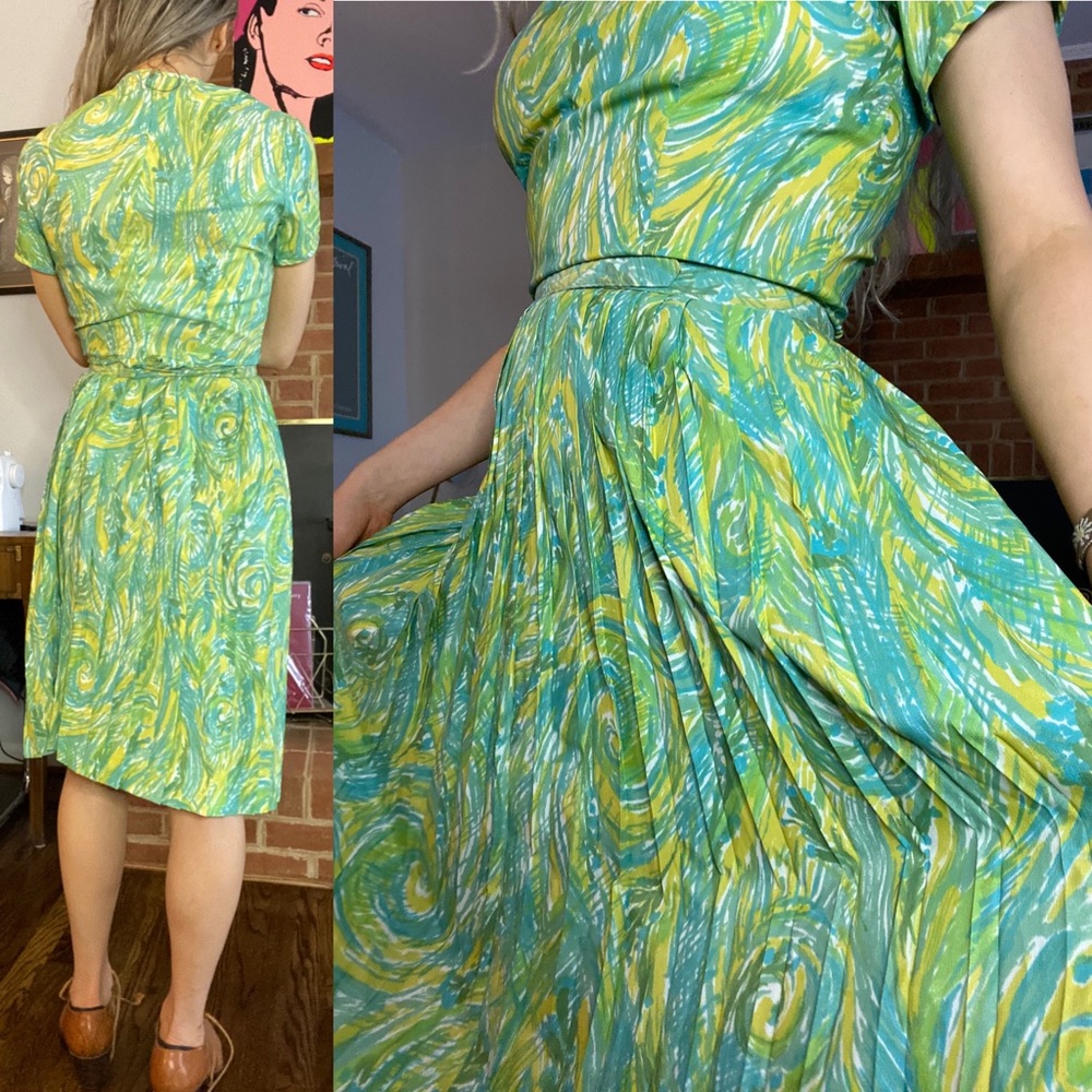 Vintage Make Mine McKettrick Pleated A-Line Van Gogh High Neck Short Sle… - Picture 2 of 11